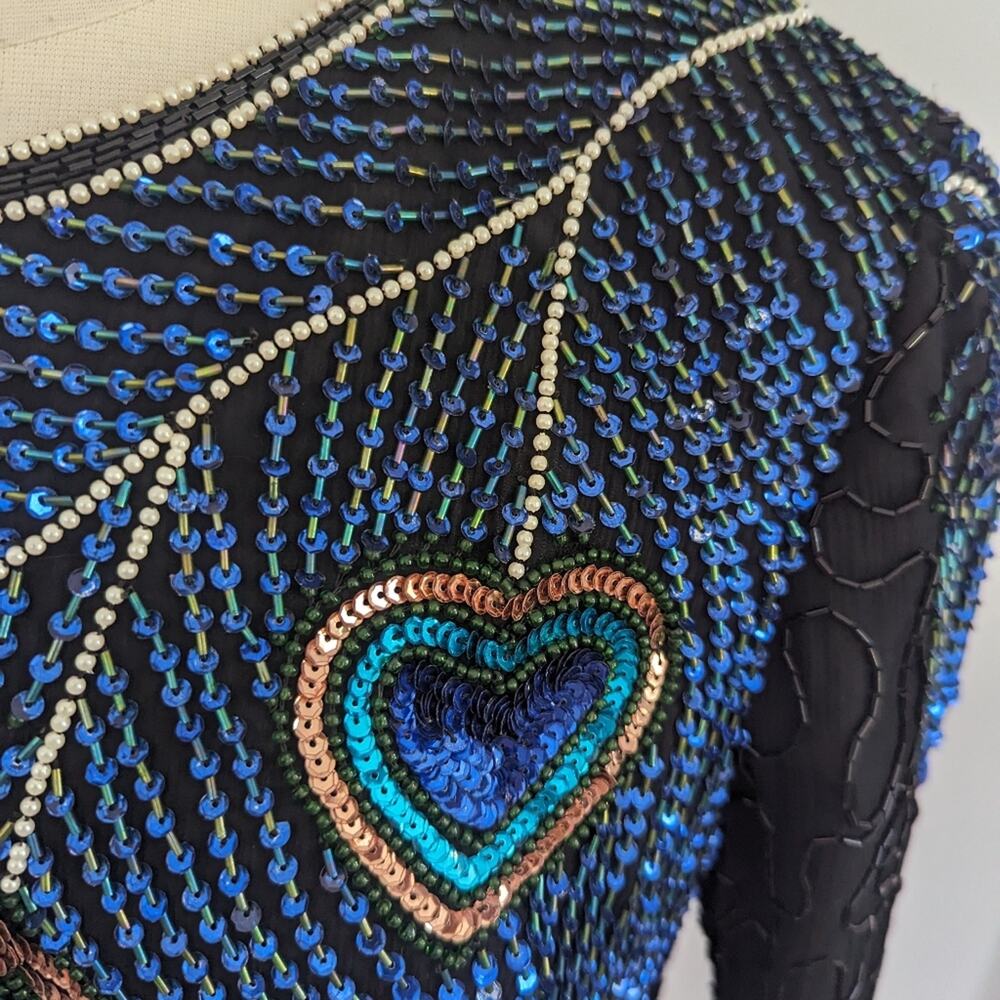 Vintage Women's Peacock 1X Elegant Black Beaded Women's Top Blouse Art to Wear - Picture 7 of 9